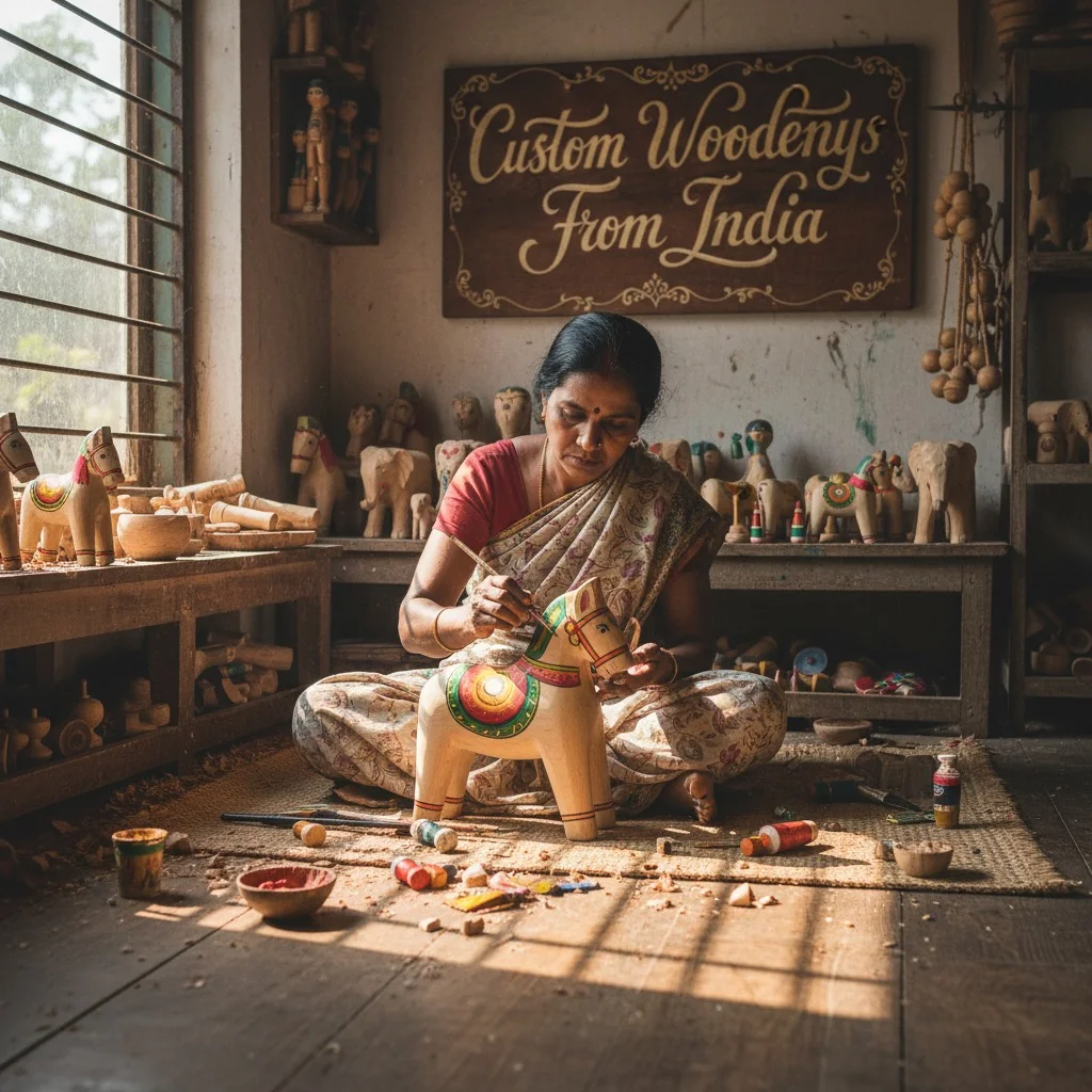 An Indian artisan hand-painting a traditional Channapatna wooden toy.