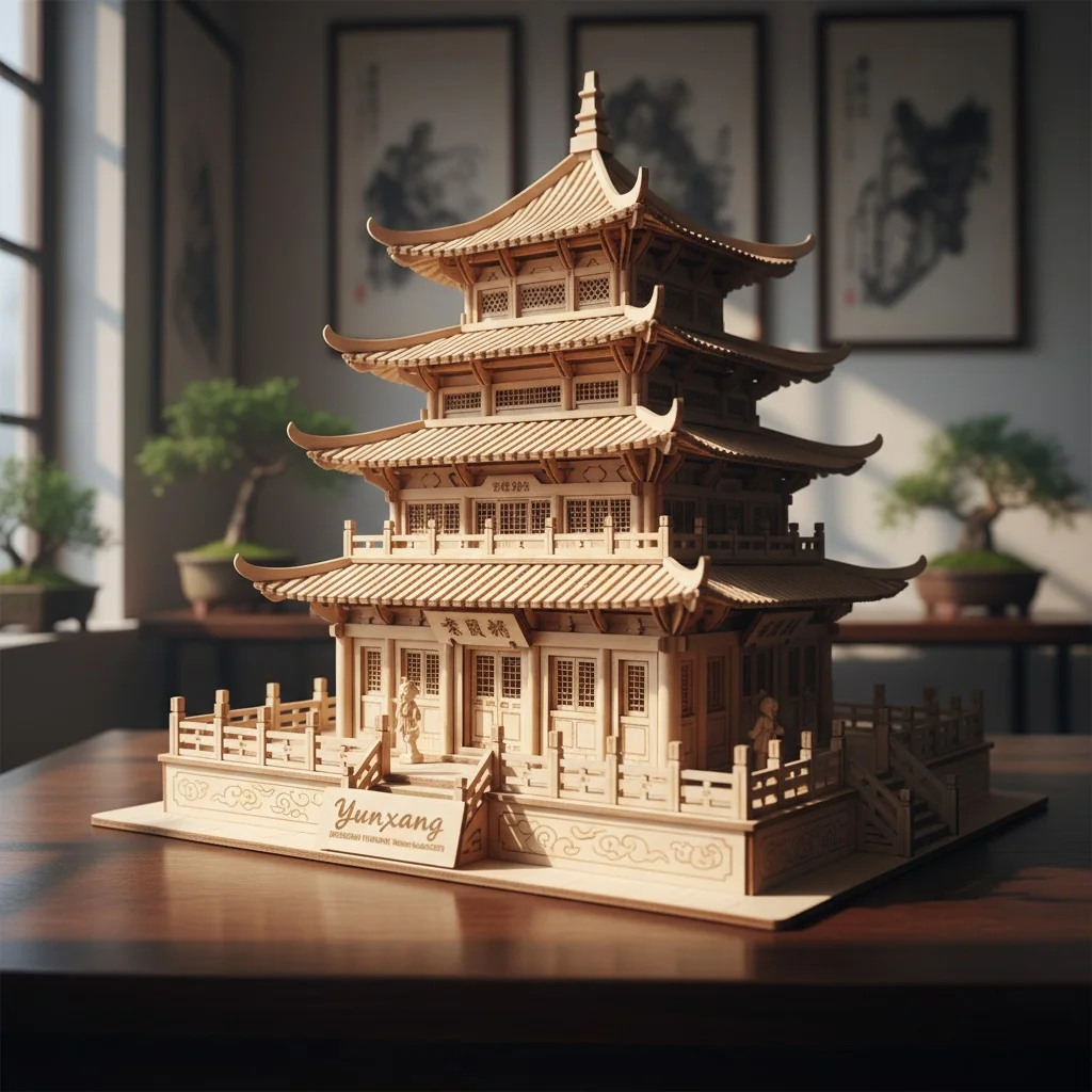A highly detailed wooden 3D puzzle of a building from Yunxiang