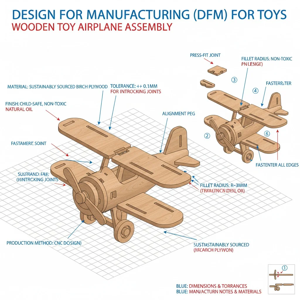 A 3D CAD model of a wooden toy with annotations for manufacturing