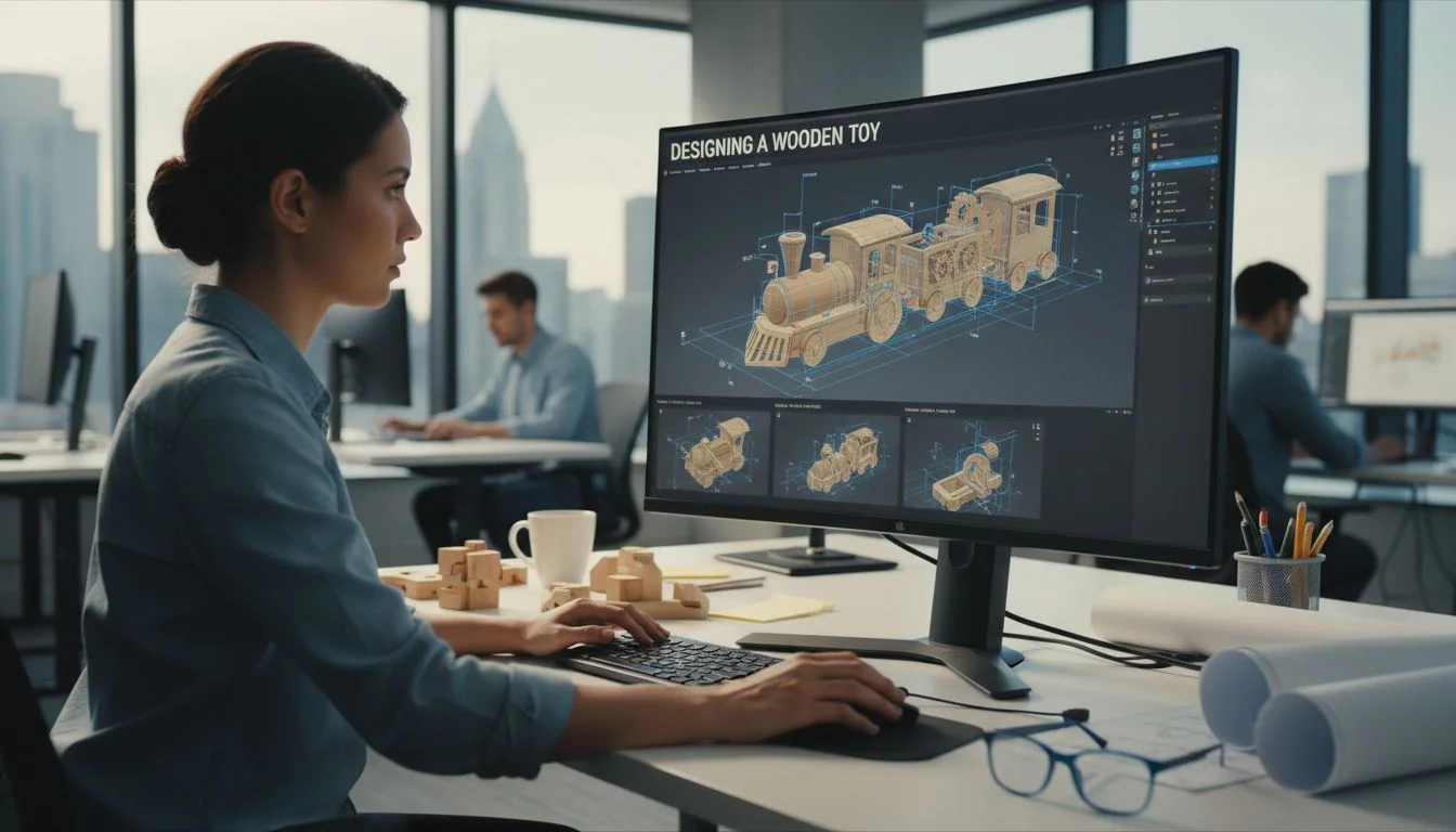 An engineer reviewing a 3D model of a wooden toy on a computer screen.