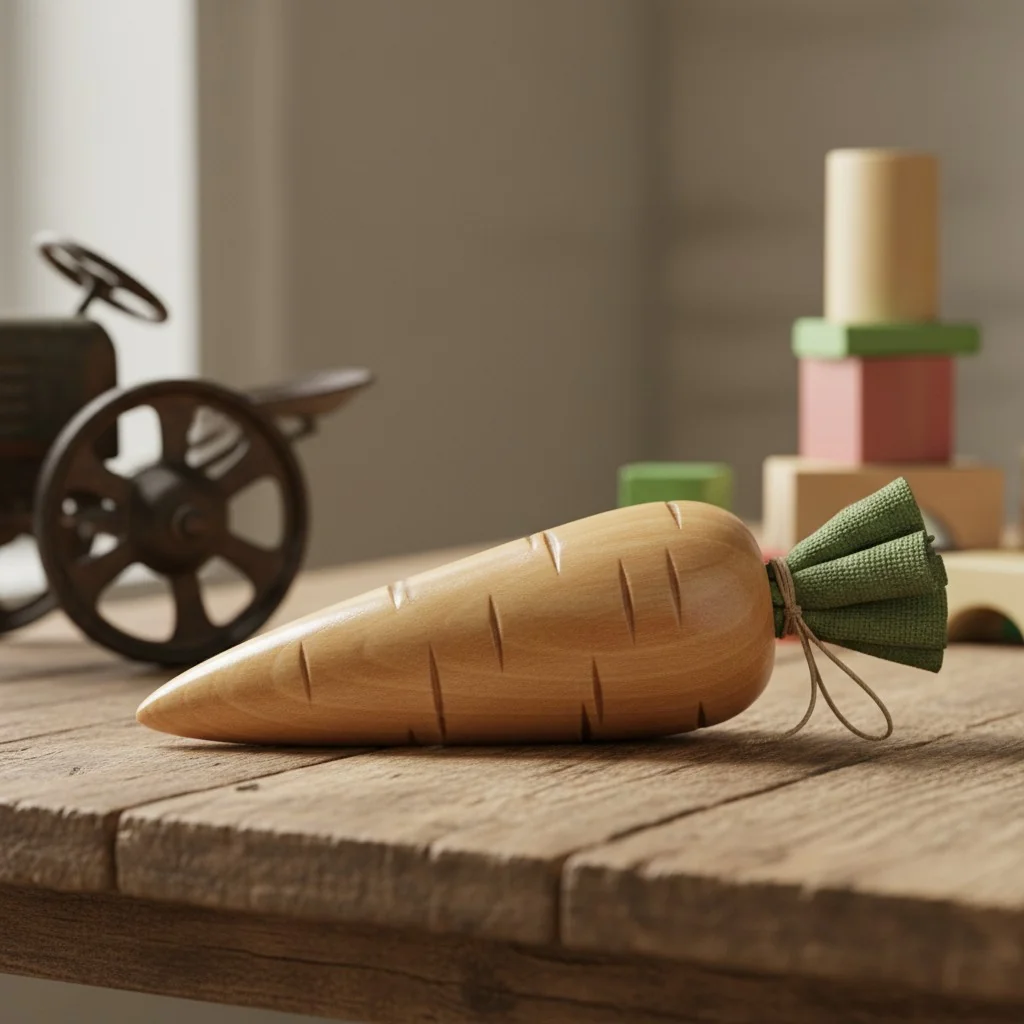 Close-up shot of a wooden toy carrot, showing the smooth finish and wood grain.