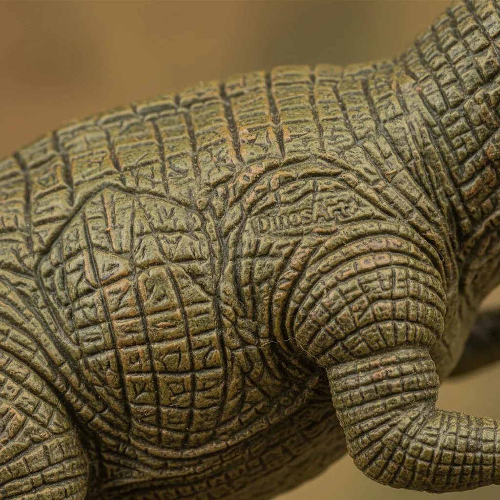 Macro shot of the textured skin on a DinosArt dinosaur toy, highlighting the fine scale details