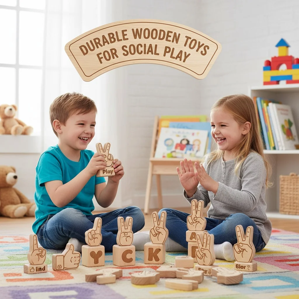 Two children playing together with a set of wooden hand sign toys