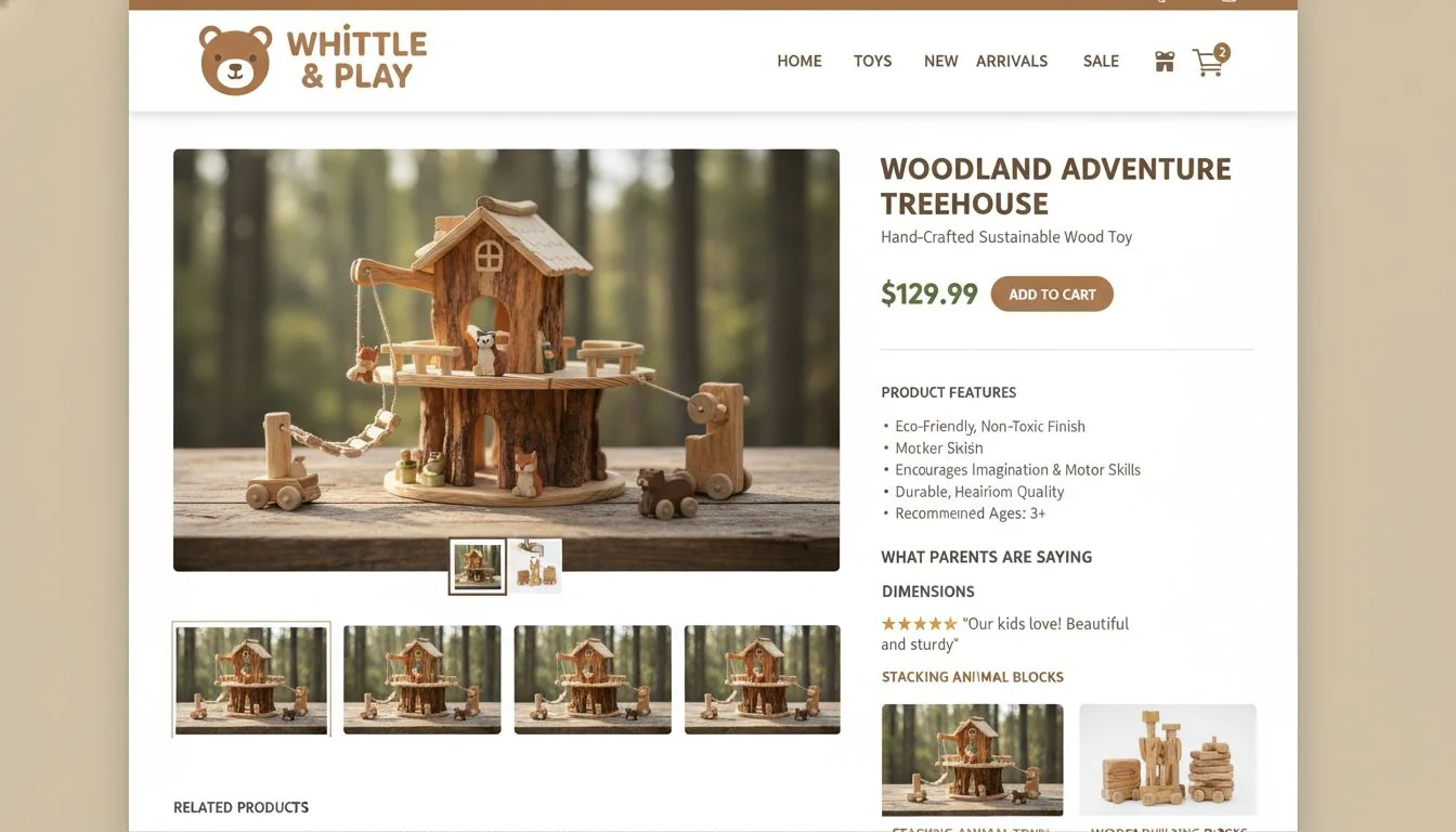 A screenshot of an attractive online store page for a wooden toy, with beautiful photos and clear descriptions.