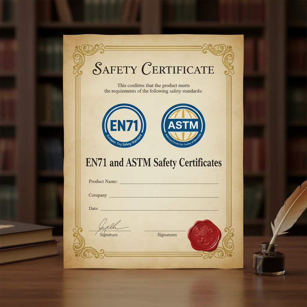 A certificate document with EN71 and ASTM logos clearly visible.