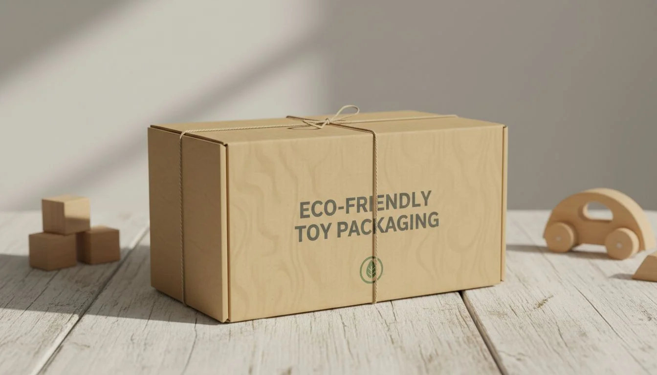 A simple, elegant cardboard box for a wooden toy, with minimalist branding