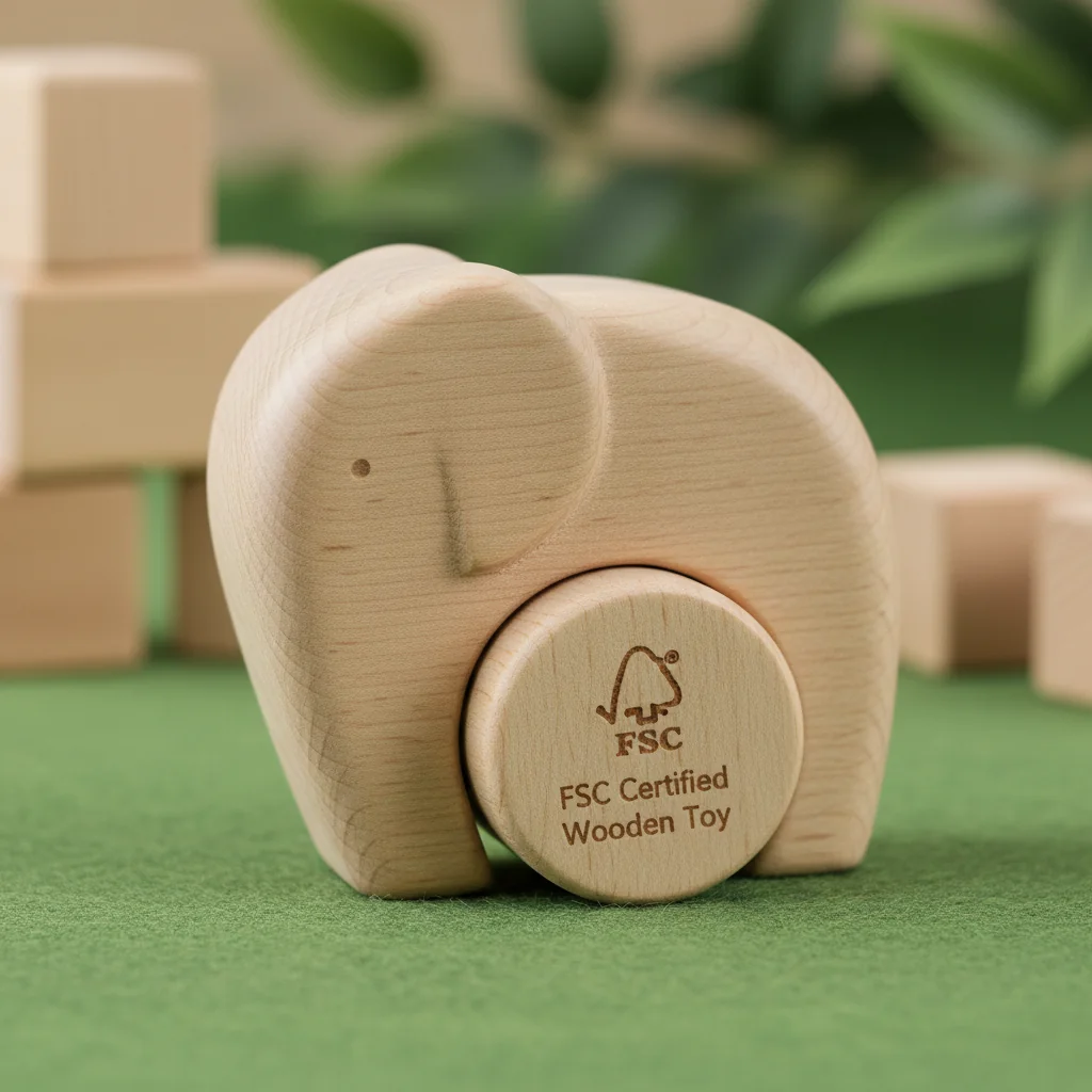 A wooden toy with a small, visible FSC logo etched into the base.