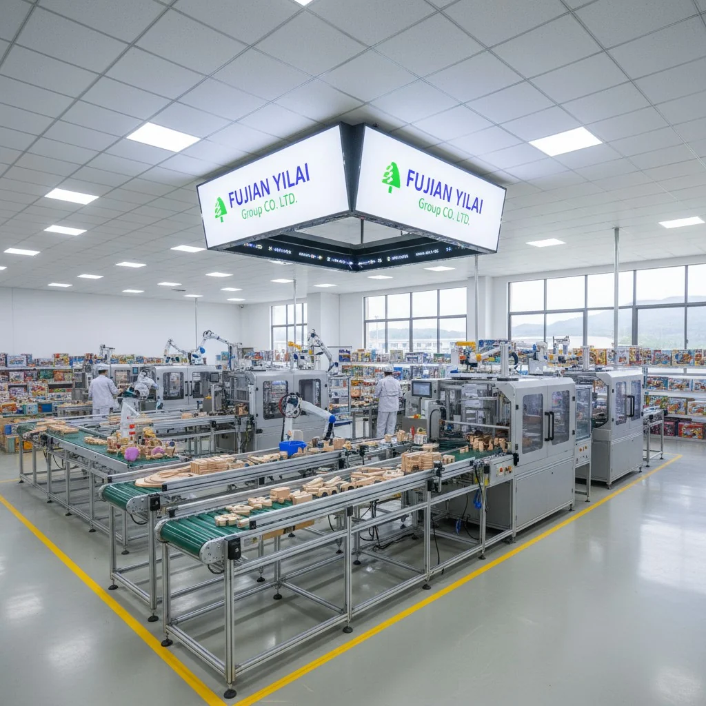 A large, modern factory floor with automated machinery for wooden toy production