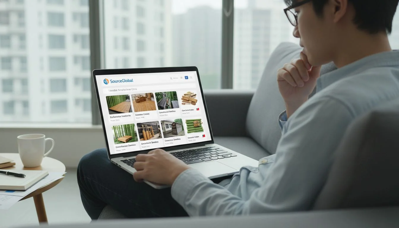 Finding a Toy Manufacturer in China A person on a laptop browsing a B2B manufacturing website like Alibaba.