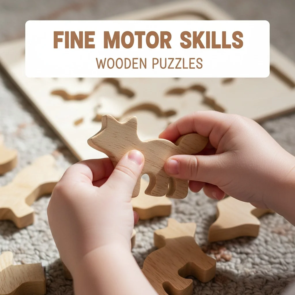 Close-up shot of a child's hands picking up a small, intricately shaped wooden puzzle piece.