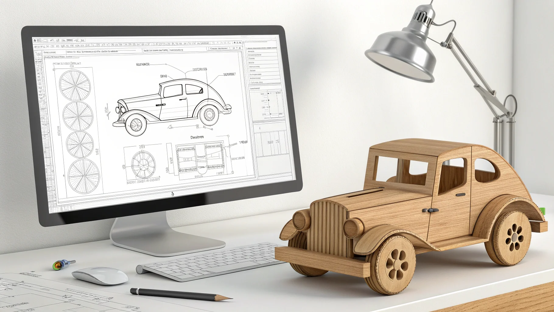 A CAD design on a computer screen next to the final custom-made wooden toy product