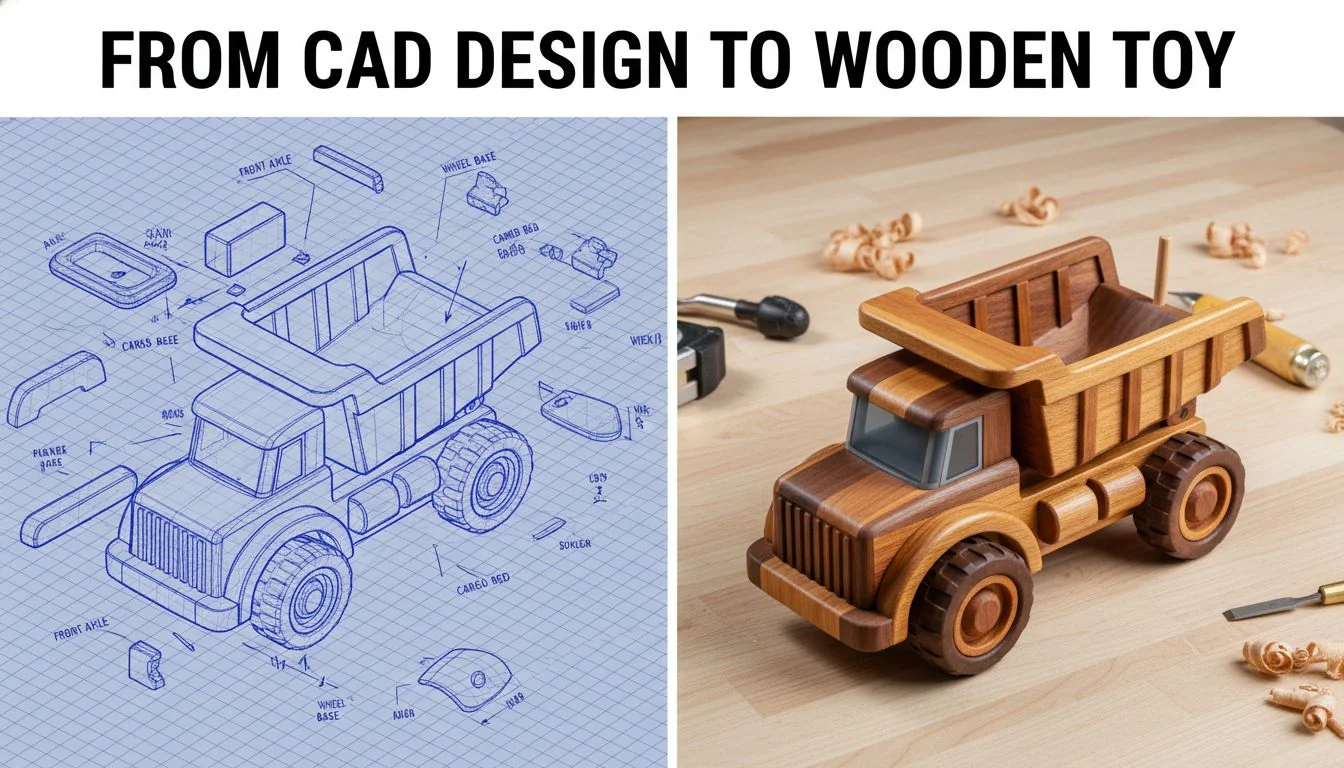A CAD drawing of a wooden toy truck next to the finished physical product.