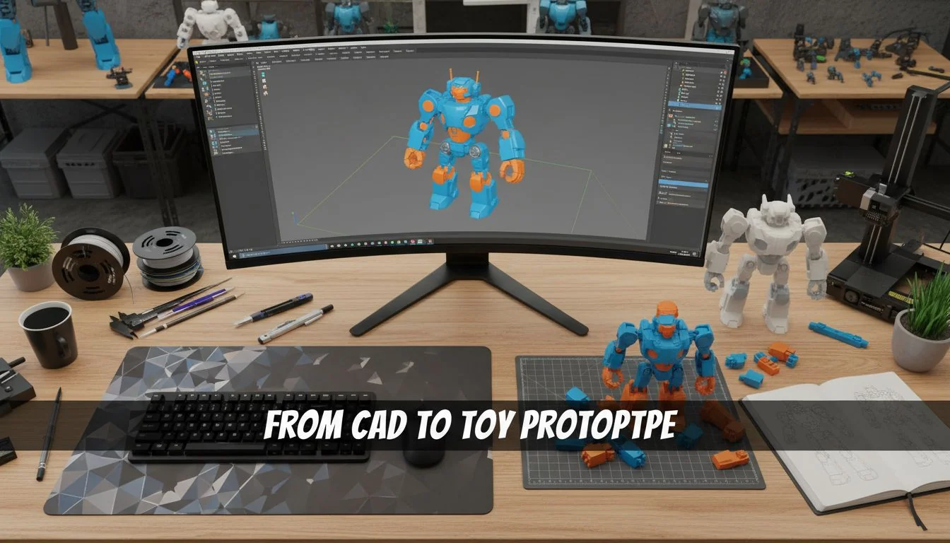 From CAD to Toy Prototype A designer's desk showing a computer with a CAD model of a toy, and physical prototypes next to it