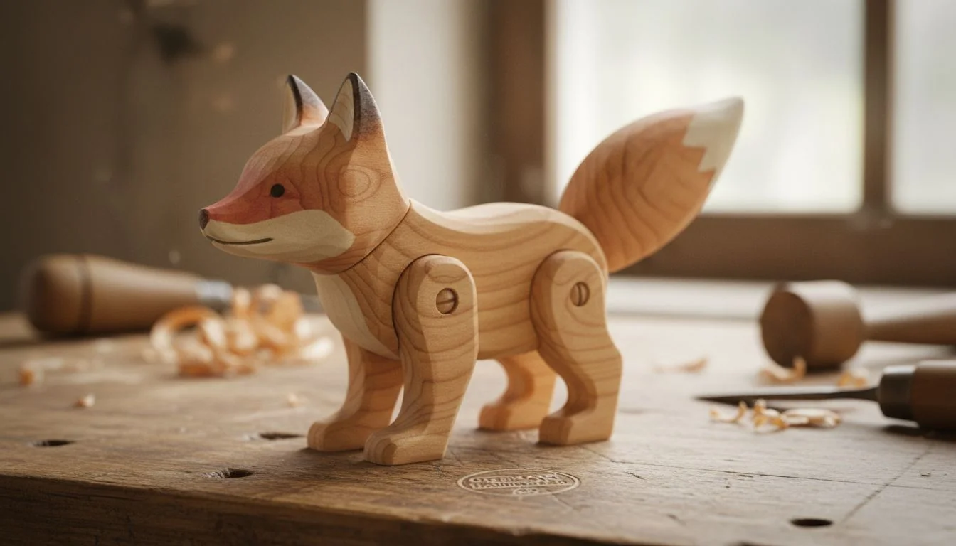 Close-up shot of a wooden toy showing the wood grain and craftsmanship