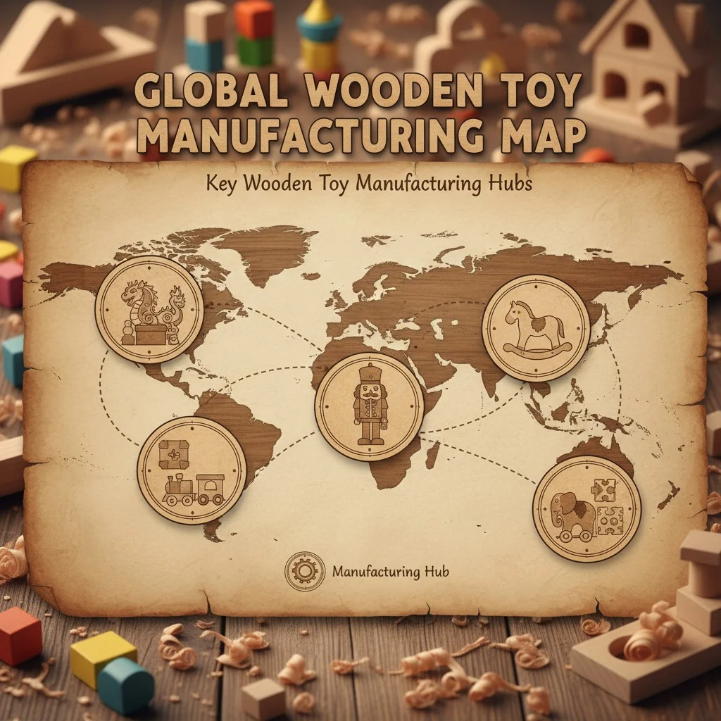 World map showing key wooden toy manufacturing hubs