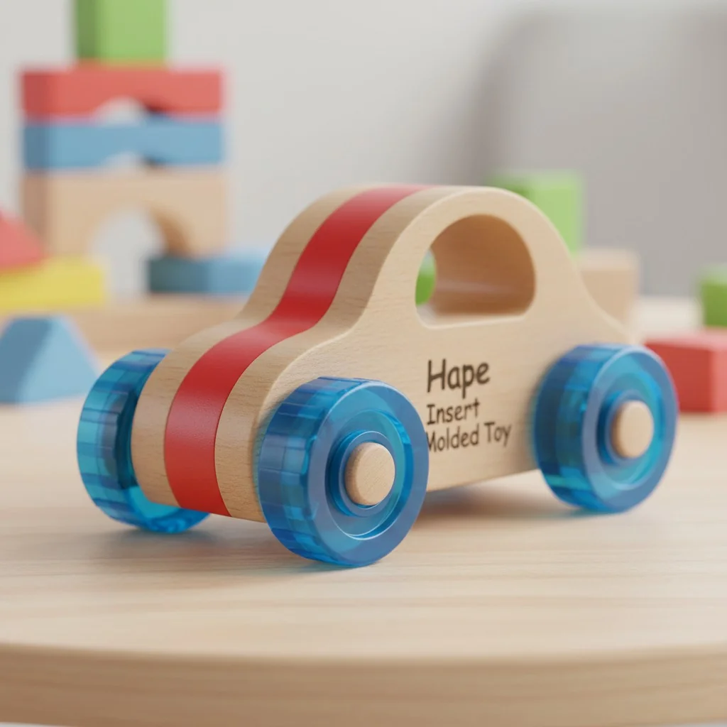 A Hape toy car showing a plastic wheel assembly molded directly onto a wooden axle