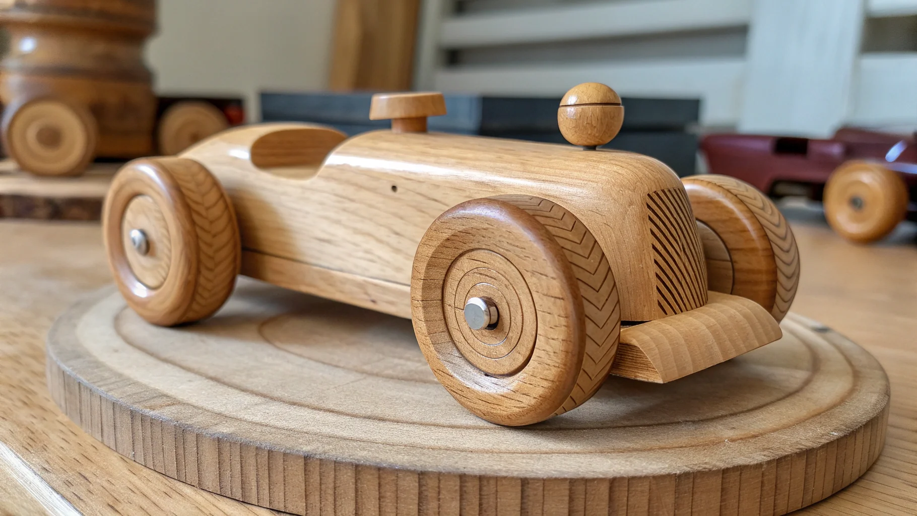 Close-up of a smooth, finished custom wooden toy made from beech wood