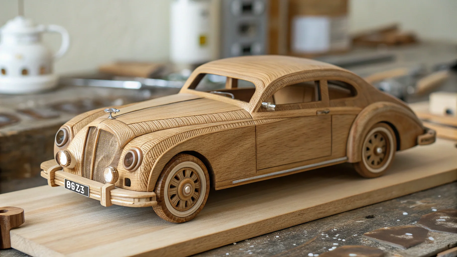 Close-up of a beautifully crafted wooden toy car