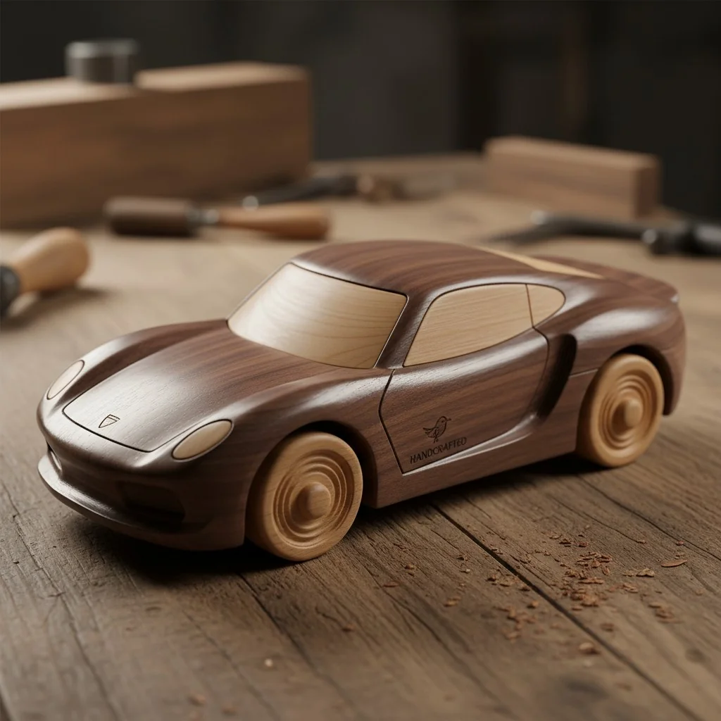 Close-up shot of a finished, polished wooden toy car, highlighting the quality of the craftsmanship.