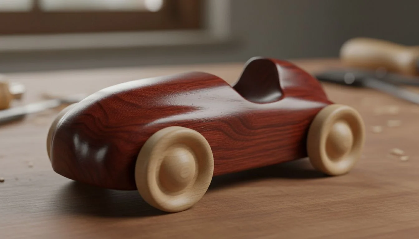 Close-up shot of a smooth, polished wooden toy car, highlighting the quality of the wood grain.