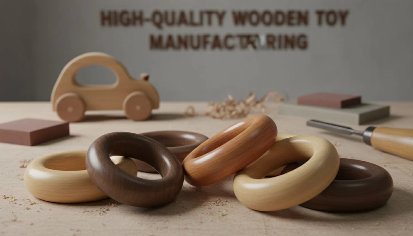 High-Quality Wooden Toy Manufacturing Close-up of smooth, polished wooden toy rings