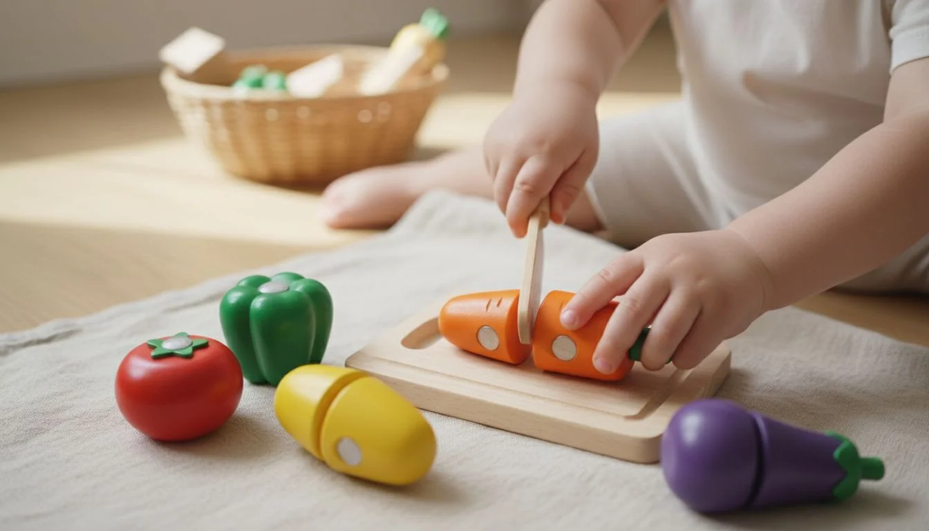 Imaginative Play with Wooden Toys Close-up shot of a child's hands playing with wooden toy vegetables and a small wooden knife