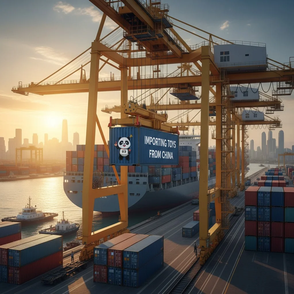 Shipping containers at a port with a focus on one being loaded