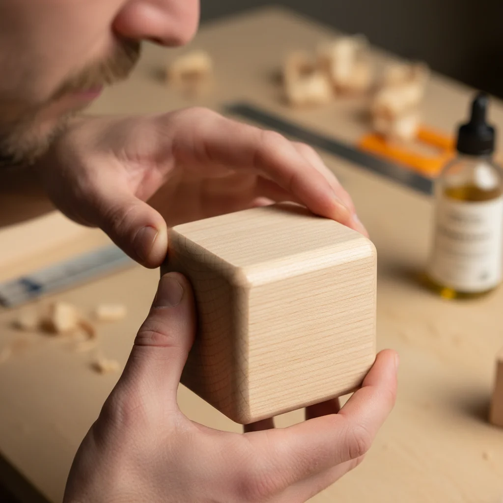 A close-up shot of a person's hands inspecting the smooth finish of a wooden toy block.