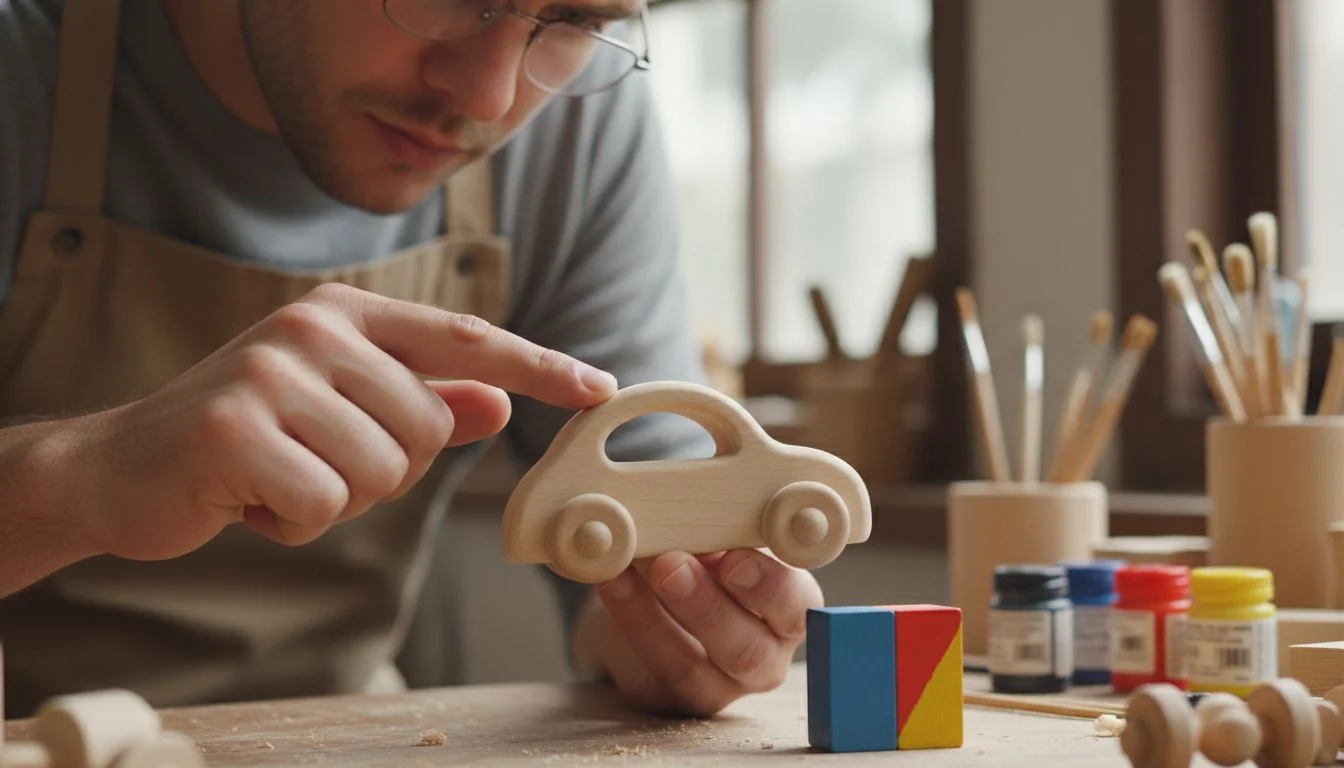 A person inspecting a wooden toy sample, checking the smoothness of the wood and the quality of the paint.