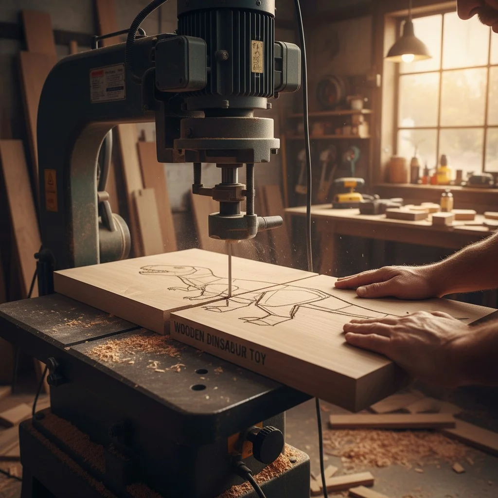An industrial scroll saw carefully cutting the shape of a wooden dinosaur from a plank of wood.
