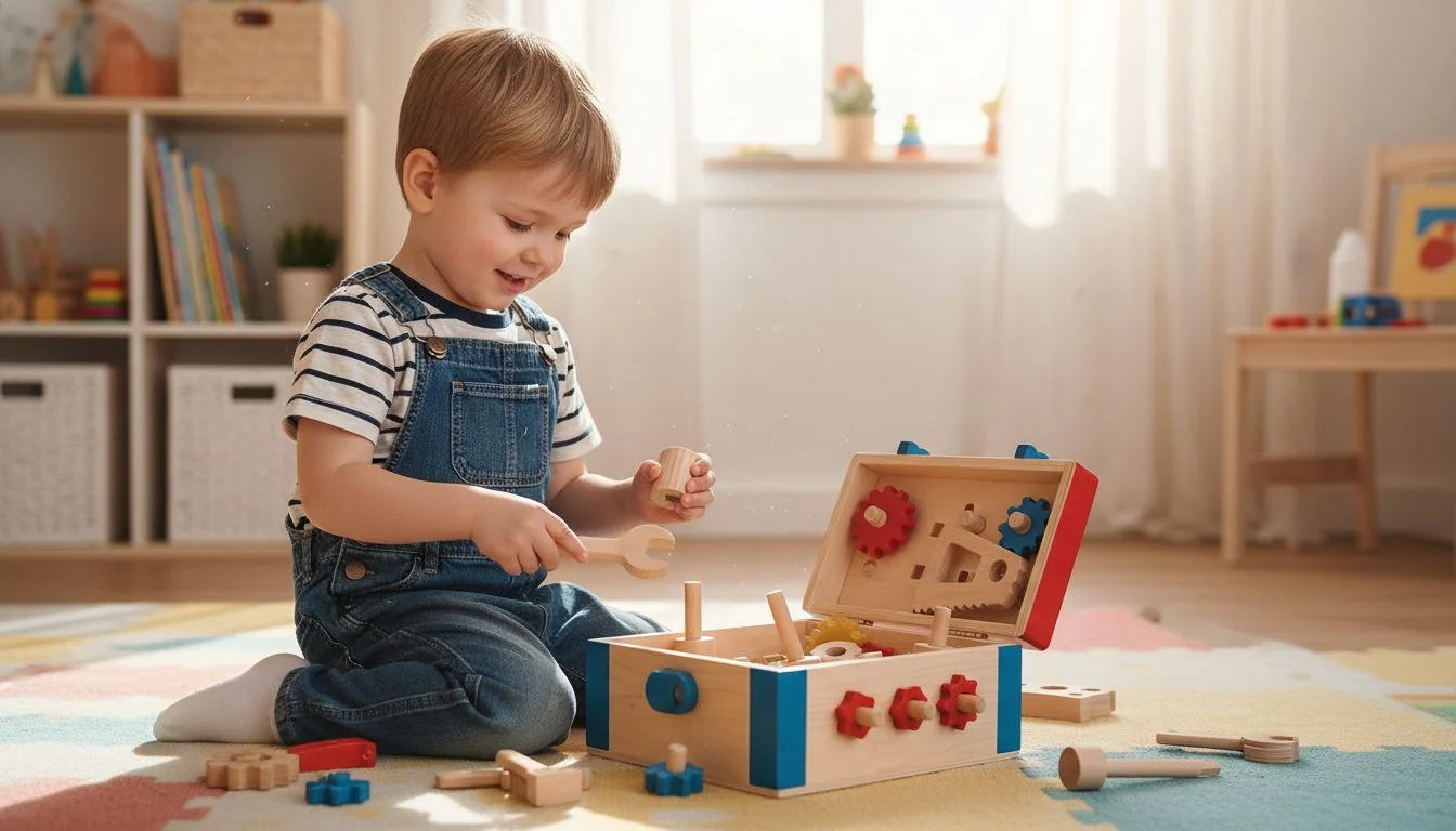 A child playing with a wooden tool box play set
