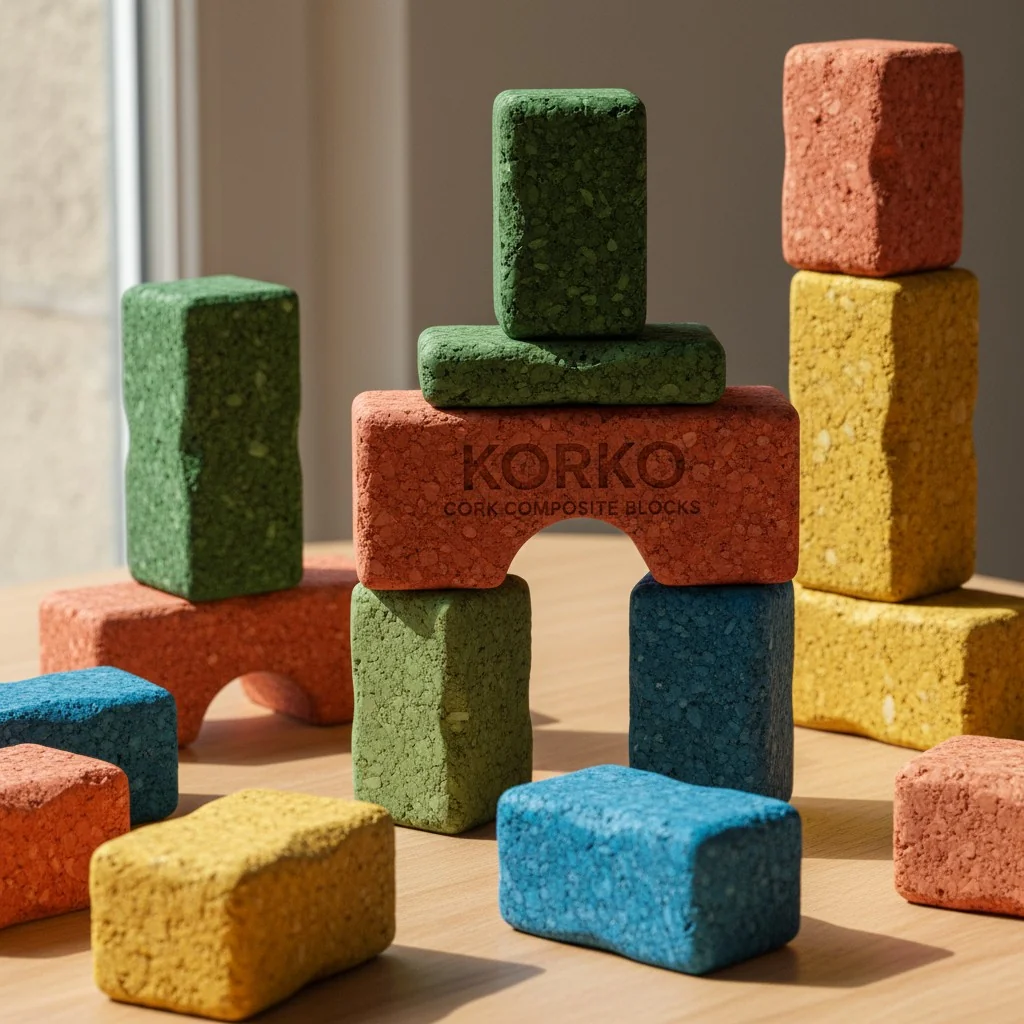 A set of colorful Korko building blocks, showing the unique texture of the cork composite material