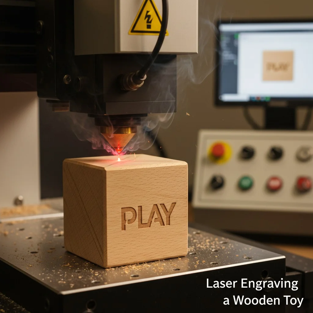 Close-up shot of a laser engraving machine precisely etching a logo onto a wooden toy block.