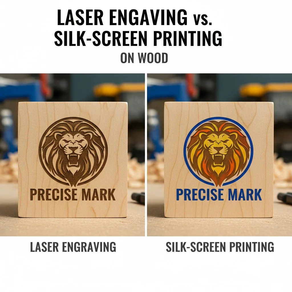 A side-by-side comparison of a laser-engraved logo and a multi-color screen-printed logo on identical wooden blocks.