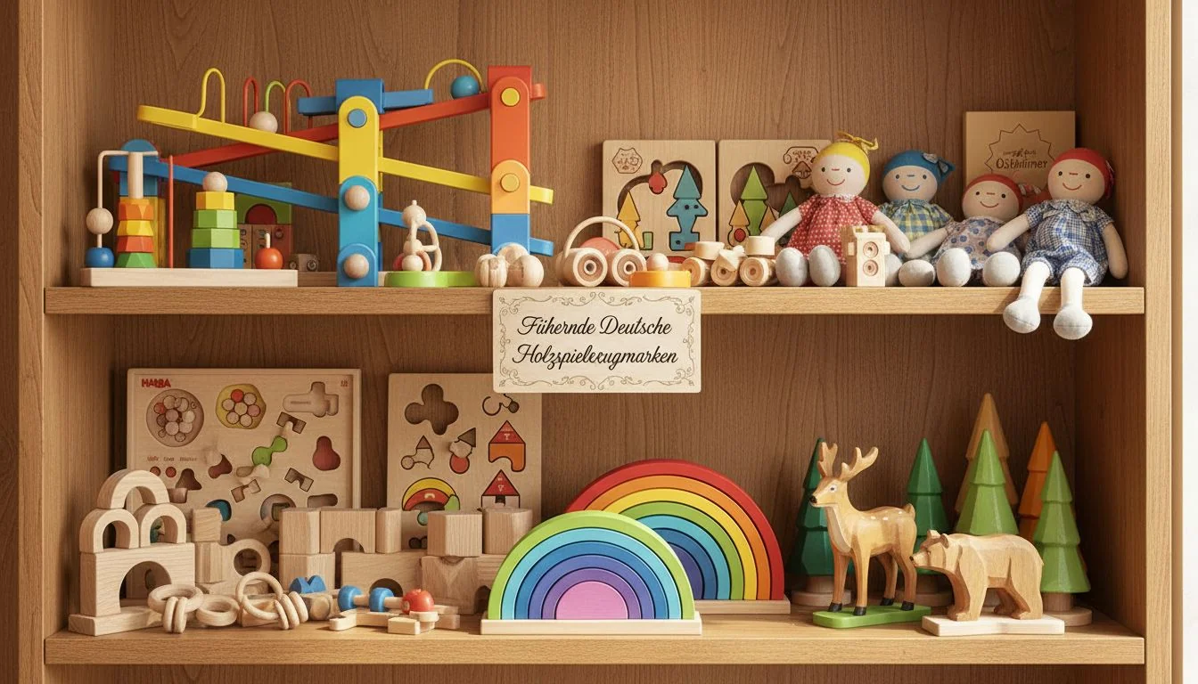 A shelf displaying toys from various German brands like HABA, Grimms, and Ostheimer