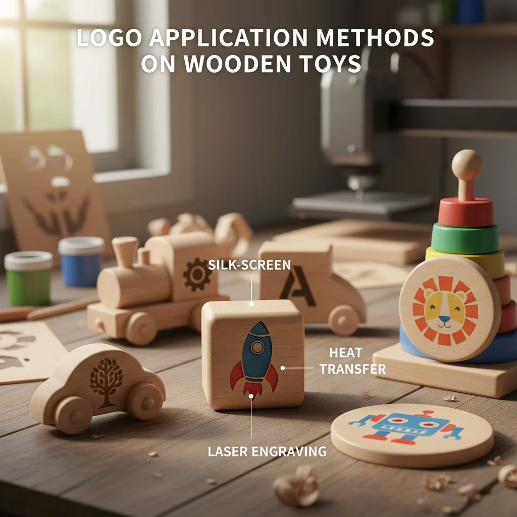 Various wooden toys with different types of logos applied, showing silk-screen, laser engraving, and heat transfer.