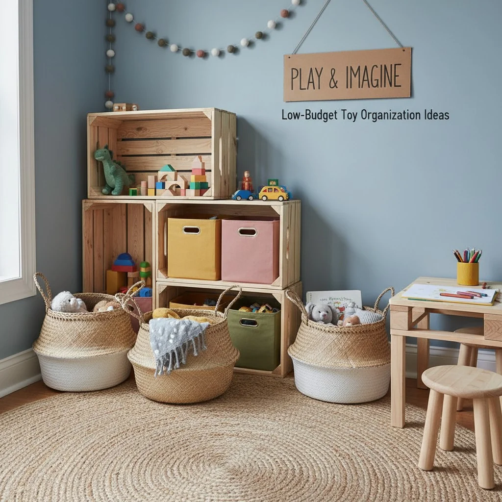 A stylish and tidy play corner using repurposed crates and baskets for toy storage.
