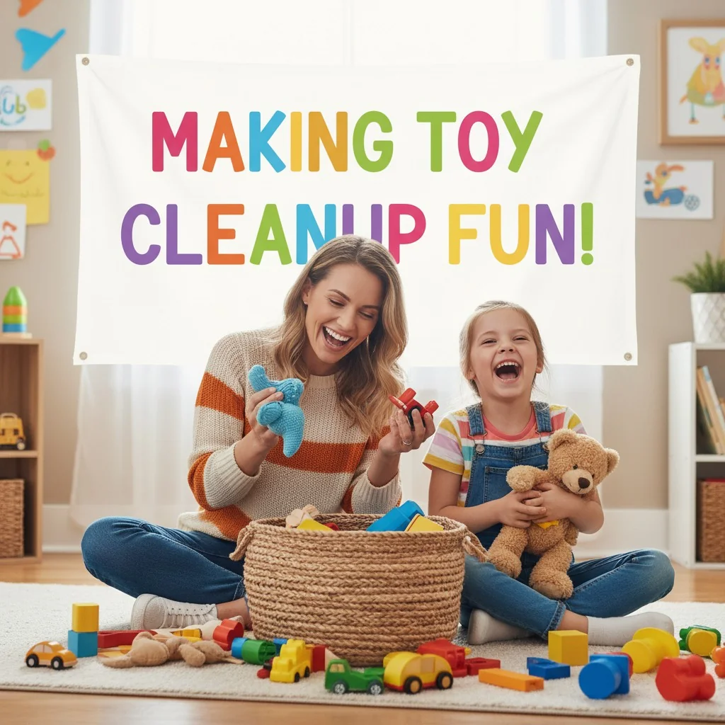 A parent and child laughing together while putting toys into a basket.