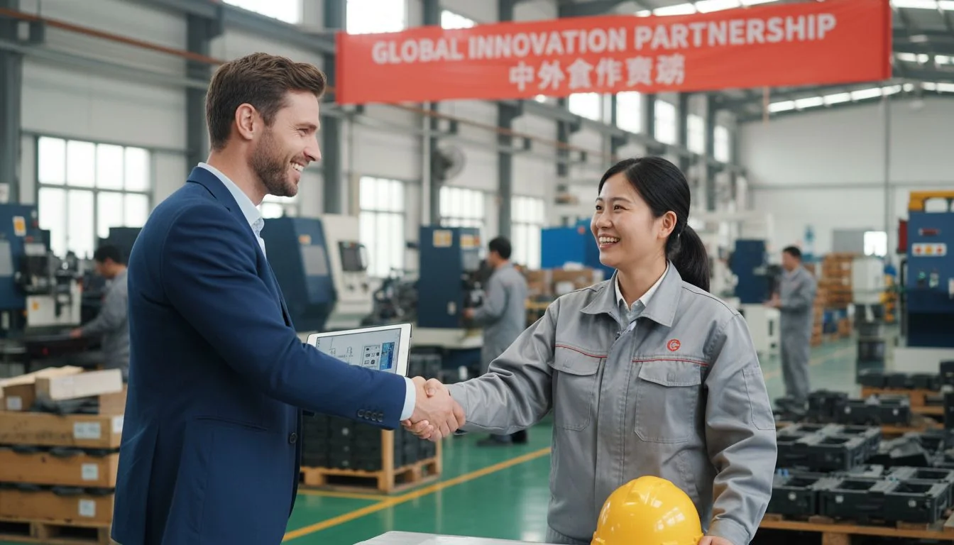 A handshake between a Western designer and a Chinese factory manager