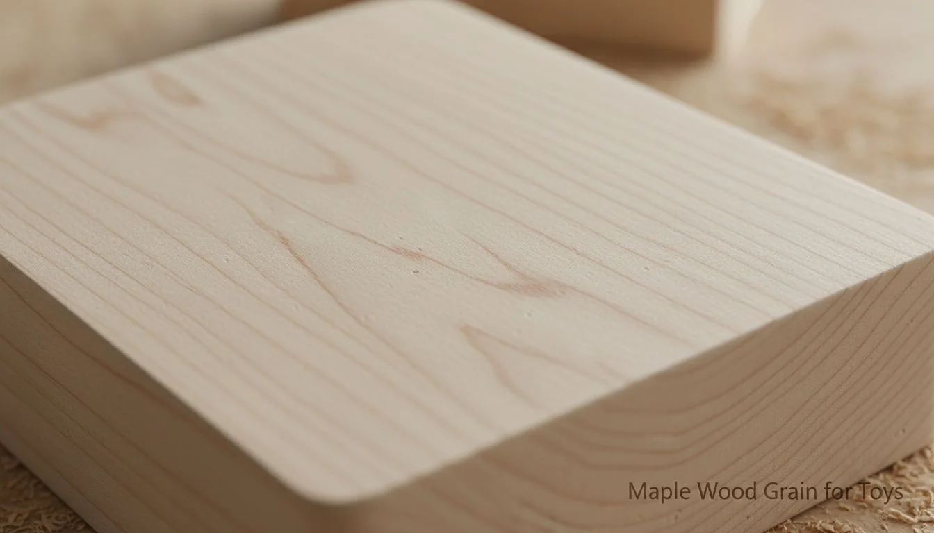 Maple Wood Grain for Toys A close-up shot showing the fine grain of a sanded piece of maple wood.