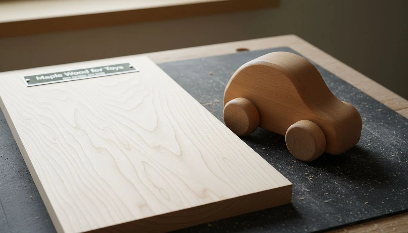 Maple Wood for Toys Close-up shot of a smooth, sanded piece of maple wood next to a finished wooden toy car.