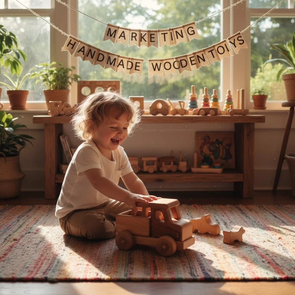 A child happily playing with a handmade wooden toy truck in a sunlit room