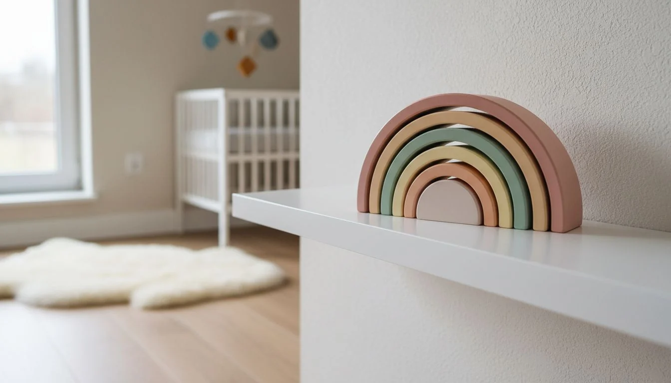 A stylish, minimalist wooden rainbow stacker on a clean, white shelf in a modern nursery.