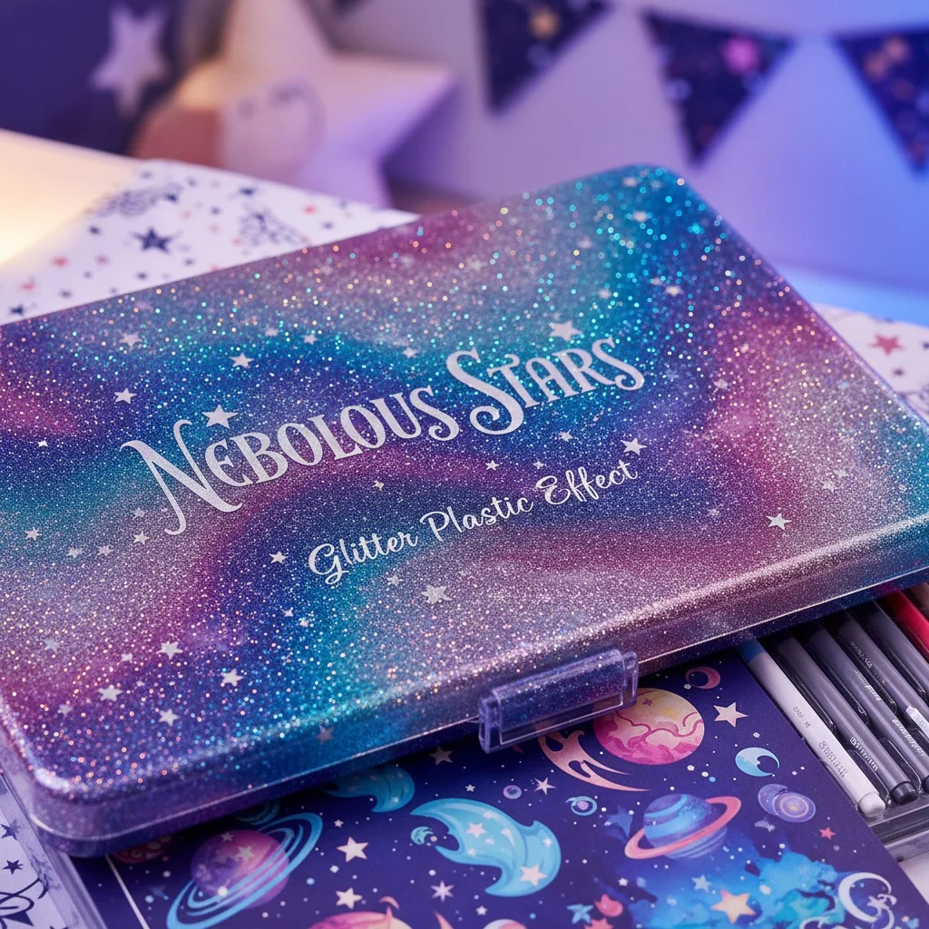 A Nebulous Stars art case showing a translucent plastic lid with glitter and color swirls embedded within it