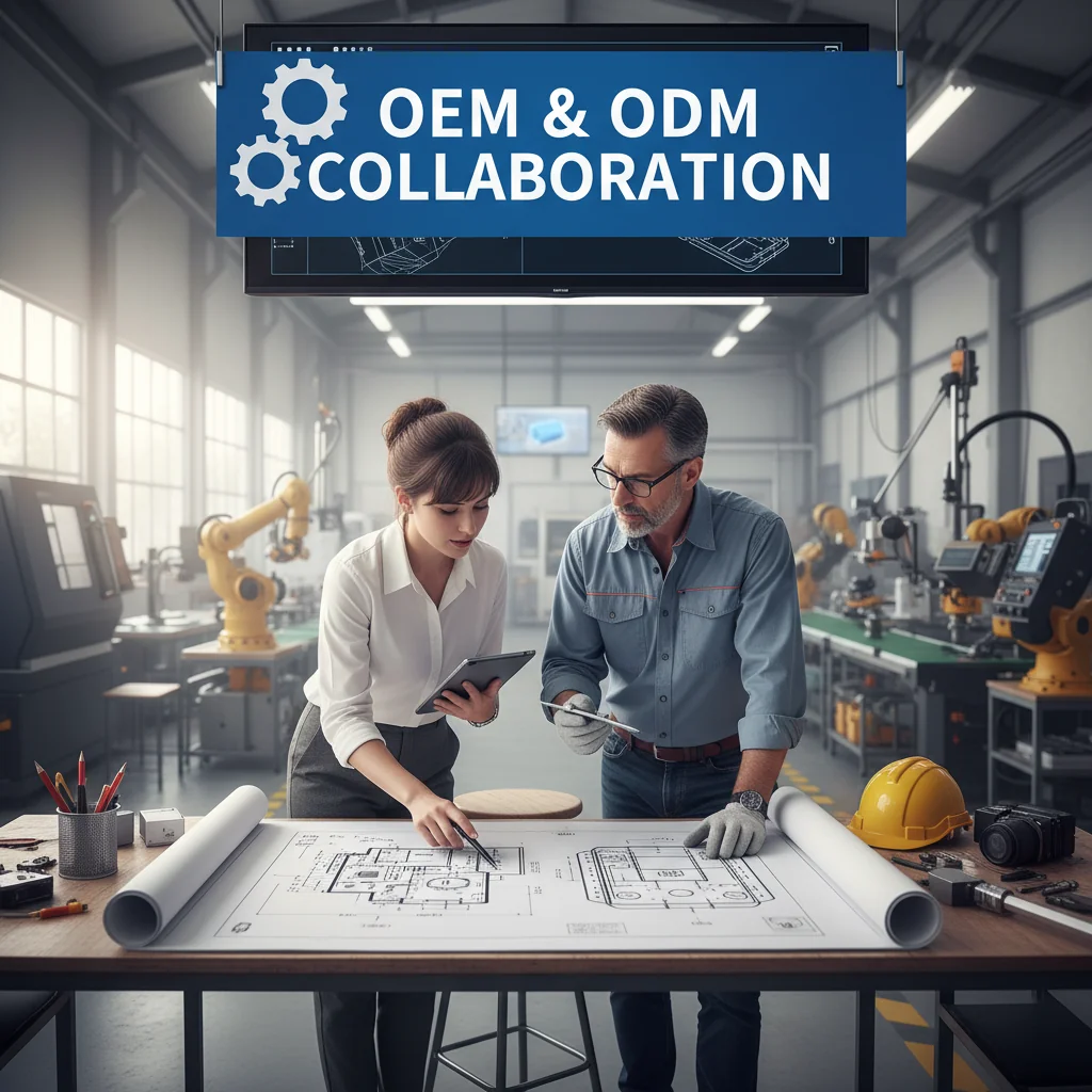 A designer and a factory engineer reviewing a technical blueprint together.