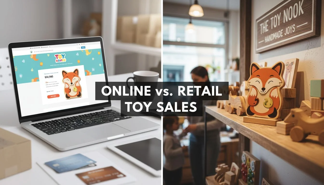 A collage showing a branded e-commerce website on a laptop and a wooden toy displayed on a shelf in a boutique store.