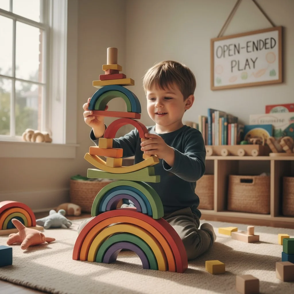 A child building a creative, abstract tower with the pieces of a wooden rainbow stacker puzzle.