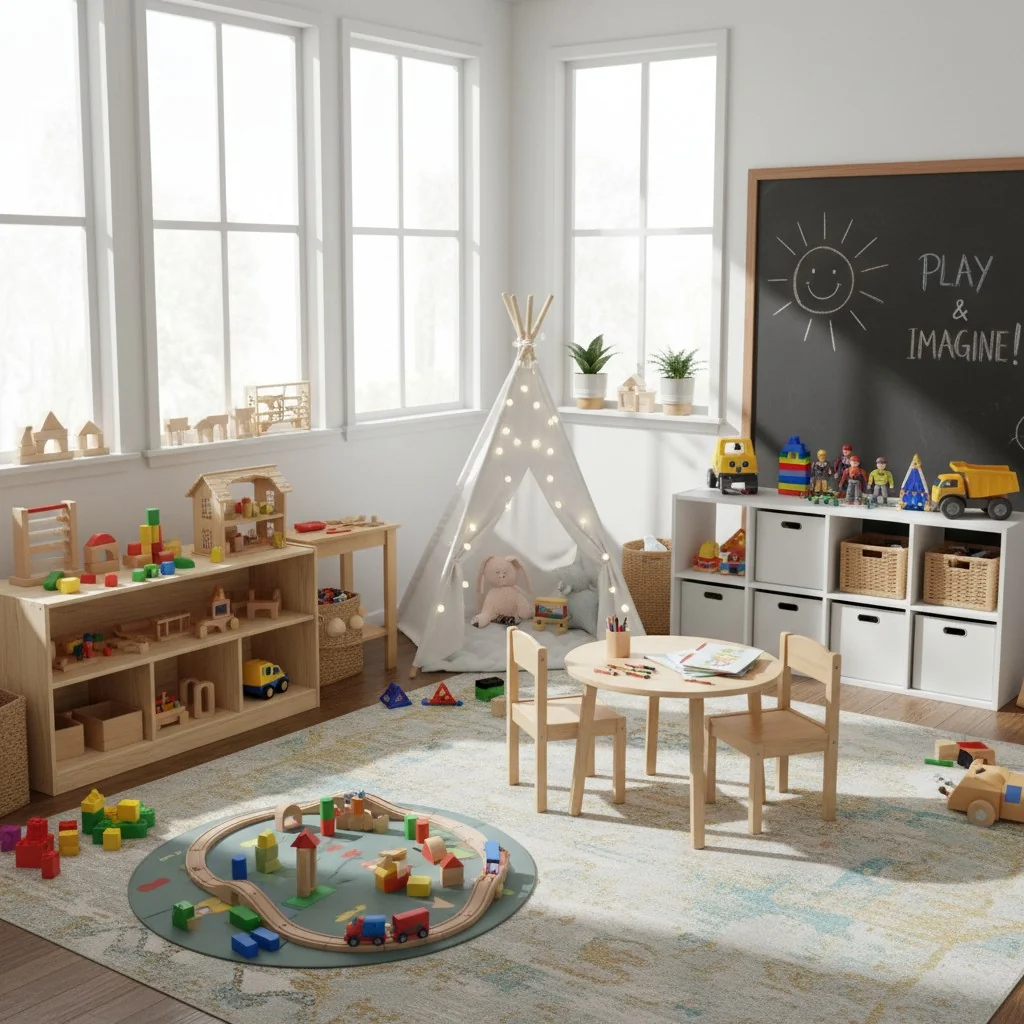 A beautifully organized playroom with a mix of wooden and high-quality plastic toys.