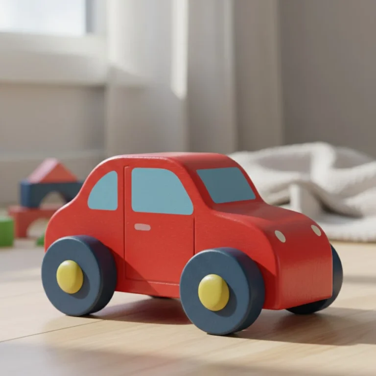 A brightly painted red wooden toy car with a glossy finish