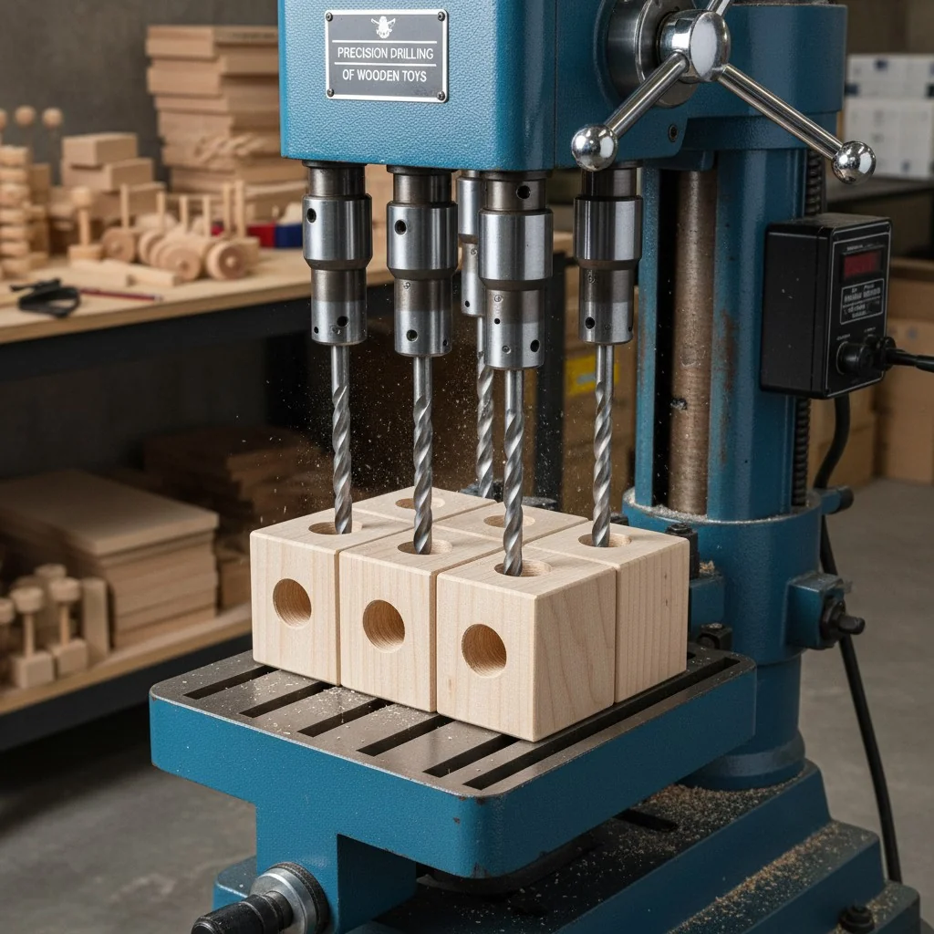 A multi-spindle drill press creating perfectly aligned holes in a batch of wooden blocks.
